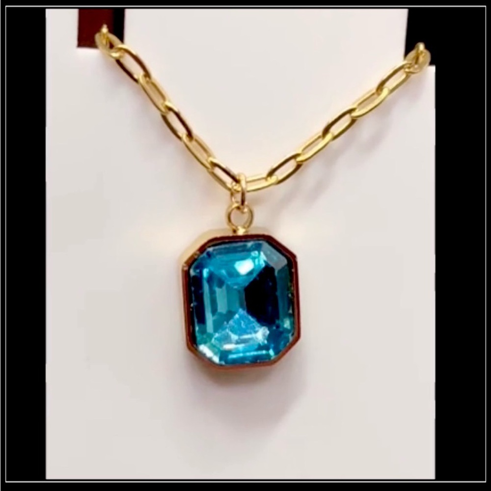 New 14k Gold Simulated Blue Topaz Crystal Cushion Minimalist Paperclip Necklace